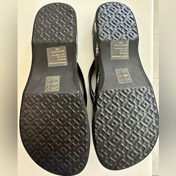 Tory Burch Black Floral Wedge Flip Flops - Picture 5 of 5